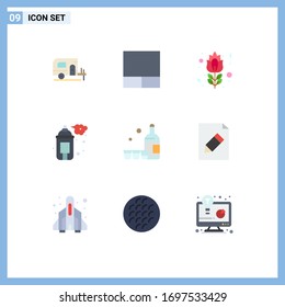 Pack of 9 Modern Flat Colors Signs and Symbols for Web Print Media such as document; glass; rose; bottle; paint Editable Vector Design Elements