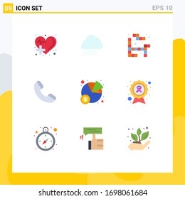 Pack of 9 Modern Flat Colors Signs and Symbols for Web Print Media such as statistics; chart; spring; telephone; call Editable Vector Design Elements