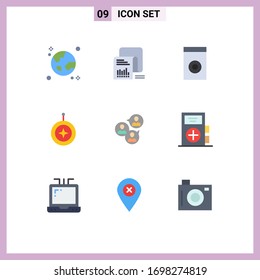 Pack of 9 Modern Flat Colors Signs and Symbols for Web Print Media such as honor; medal; list; star; washer Editable Vector Design Elements