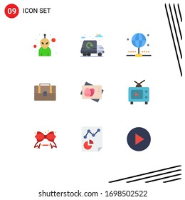 Paquete de 9 símbolos y símbolos modernos de color plano para medios de impresión en la Web, como tarjetas; huevo; internet; cartón; materiales de diseño de vectores editables para casos