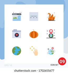 Pack of 9 Modern Flat Colors Signs and Symbols for Web Print Media such as gps; vegetable; hobbies; pumpkin; files Editable Vector Design Elements