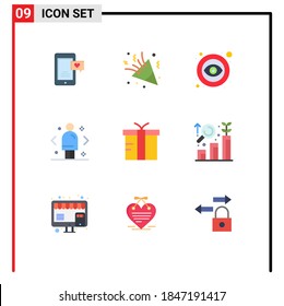 Paquete de 9 símbolos y símbolos modernos de color plano para medios de impresión web, como el marketing; decisión; vacaciones; comparar; Elementos de diseño de vectores editables visibles