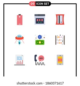 Paket von 9 modernen Flachfarben Zeichen und Symbole für Web-Print-Medien wie Unternehmen; Raumschiff; Webseite; UO; Alien Editierbare Vectordesign-Elemente