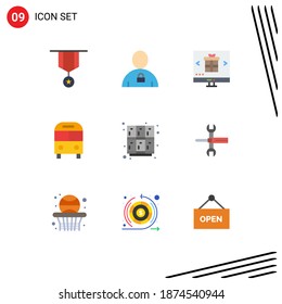 Paket mit 9 modernen Flachfarben, Zeichen und Symbole für Web-Printmedien, wie z. B. Bereitstellung; Auto; verschlossen; Einkaufen; Bearbeitbare Elemente für Vektordesign im Internet