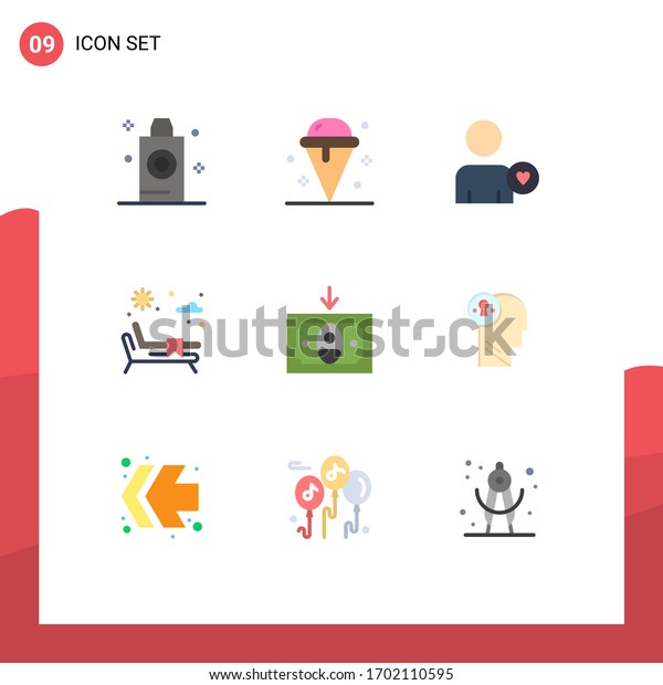 Pack of 9 Modern Flat Colors Signs and Symbols\
for Web Print Media such as money; cash; sweet; water; sunbed\
Editable Vector Design\
Elements