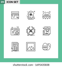 Pack of 9 Modern Outlines Signs and Symbols for Web Print Media such as emblem; globe; logic; printer; food Editable Vector Design Elements