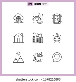 Pack of 9 Modern Outlines Signs and Symbols for Web Print Media such as building; family; paper; entrance; building Editable Vector Design Elements
