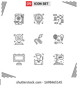 Pack Of 9 Modern Outlines Signs And Symbols For Web Print Media Such As Mark; Pin; Fish; Map; Under Water Editable Vector Design Elements