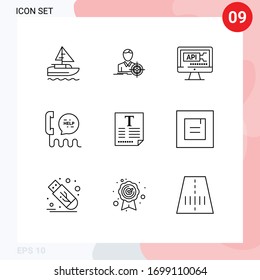Pack of 9 Modern Outlines Signs and Symbols for Web Print Media such as file; contact; computer; communication; call Editable Vector Design Elements