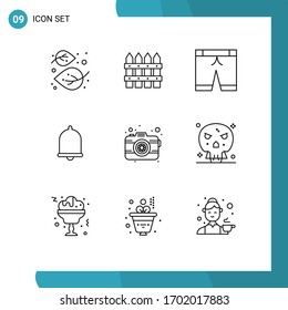 Pack of 9 Modern Outlines Signs and Symbols for Web Print Media such as photo; sound; garden; notification; alert Editable Vector Design Elements