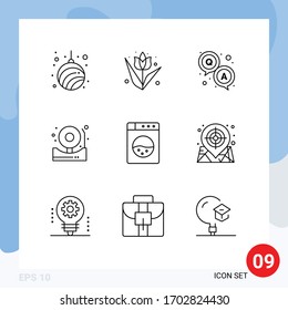 Pack of 9 Modern Outlines Signs and Symbols for Web Print Media such as machine; bell; plant; alert; survey Editable Vector Design Elements