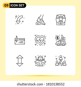 Paket mit 9 modernen Rahmenschildern und Symbolen für Web-Printmedien wie Bankwesen; Konto; Läufer, Kontrolle; medizinisch bearbeitete Vectordesign-Elemente