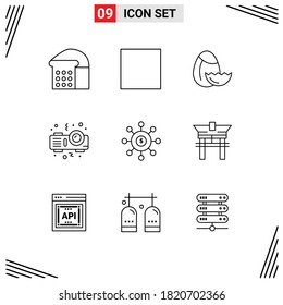 Pack of 9 Modern Outlines Signs and Symbols for Web Print Media such as bridge; financial; projector; seeding; money Editable Vector Design Elements