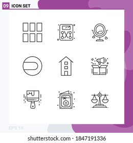 Paquete de 9 carteles y símbolos modernos para medios de impresión web, como tiendas; casa; amor; edificios; coincidencia de elementos de diseño de vectores editables