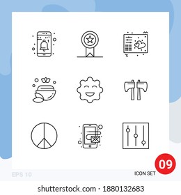 Pack of 9 Modern Outlines Signs and Symbols for Web Print Media such as cookie; spa; love; bowl; music Editable Vector Design Elements