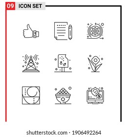 Pack of 9 Modern Outlines Signs and Symbols for Web Print Media such as tower; signal; paper; antenna; scrum Editable Vector Design Elements