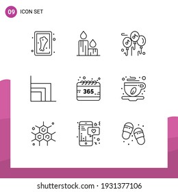 Pack of 9 Modern Outlines Signs and Symbols for Web Print Media such as year; calendar; music; all; ecommerce Editable Vector Design Elements