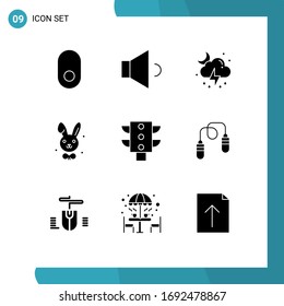 Pack of 9 Modern Solid Glyphs Signs and Symbols for Web Print Media such as fitness; traffic; moon; maps; rabbit Editable Vector Design Elements