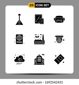 Pack of 9 Modern Solid Glyphs Signs and Symbols for Web Print Media such as leaf; pool; tablet; diving pass; beach Editable Vector Design Elements