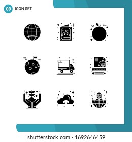 Packung mit 9 modernen festen Glyphen, Zeichen und Symbole für Web-Printmedien wie Lieferwagen; Raum; xmas; Riese; Design-Elemente für Vektorillustrationen des Planeten