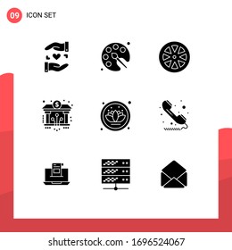 Pack Of 9 Modern Solid Glyphs Signs And Symbols For Web Print Media Such As Lotus; Crypto; Food; Blockchain; Bank Editable Vector Design Elements