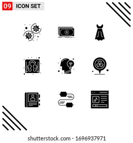 Pack of 9 Modern Solid Glyphs Signs and Symbols for Web Print Media such as mind; human; girl; head; machine Editable Vector Design Elements