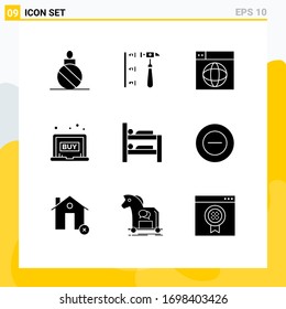 Pack of 9 Modern Solid Glyphs Signs and Symbols for Web Print Media such as bed; click; web; buy; world Editable Vector Design Elements