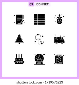 Pack of 9 Modern Solid Glyphs Signs and Symbols for Web Print Media such as medical; ambulance; mask; stethoscope; check Editable Vector Design Elements