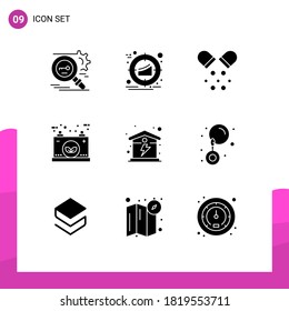 Pack of 9 Modern Solid Glyphs Signs and Symbols for Web Print Media such as power; eco; product; battery; medicine Editable Vector Design Elements