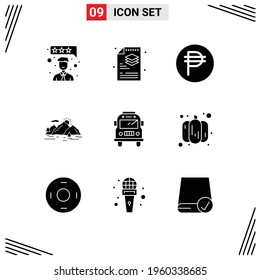 Pack of 9 Modern Solid Glyphs Signs and Symbols for Web Print Media such as school; tree; currency; nature; hill Editable Vector Design Elements