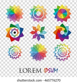 Pack of 9 transparent rainbow abstract geometric flowers logo template isolated. Business abstract icon. Use for logo, sign, symbol, web, label, icon. Vector illustration