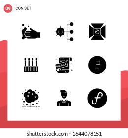 Pack of 9 Universal Glyph Icons for Print Media on White Background.
