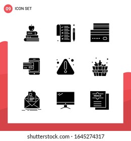 Pack of 9 Universal Glyph Icons for Print Media on White Background.