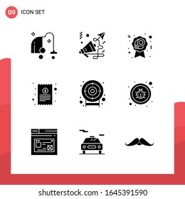 Pack of 9 Universal Glyph Icons for Print Media on White Background.