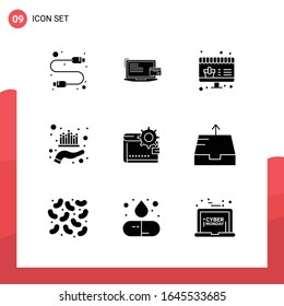 Paquete de 9 iconos de glifo universales para medios impresos en fondo blanco.
