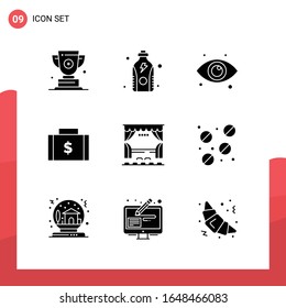 Paquete de 9 iconos de glifo universales para medios impresos en fondo blanco.