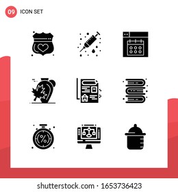 Pack of 9 Universal Glyph Icons for Print Media on White Background.