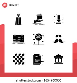 Paquete de 9 iconos de glifo universales para medios impresos en fondo blanco.