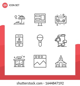 Paquete de 9 iconos de esquema universal para medios impresos en fondo blanco.