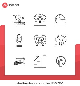 Paquete de 9 iconos de esquema universal para medios impresos en fondo blanco.