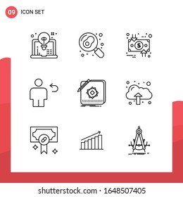 Paquete de 9 iconos de esquema universal para medios impresos en fondo blanco.