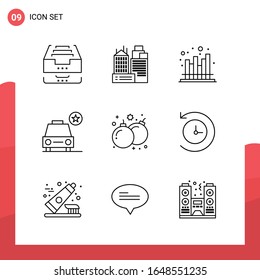 Paquete de 9 iconos de esquema universal para medios impresos en fondo blanco.