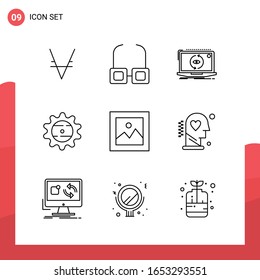 Paquete de 9 iconos de esquema universal para medios impresos en fondo blanco.