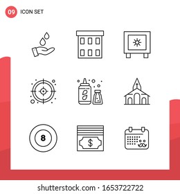 Pack of 9 Universal Outline Icons for Print Media on White Background.