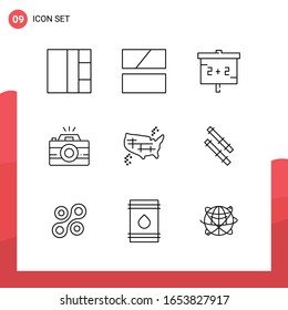 Pack of 9 Universal Outline Icons for Print Media on White Background.