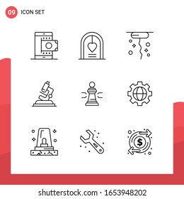 Paquete de 9 iconos de esquema universal para medios impresos en fondo blanco.