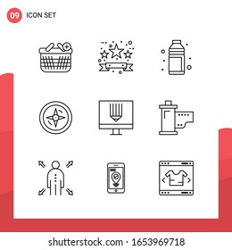 Pack of 9 Universal Outline Icons for Print Media on White Background.