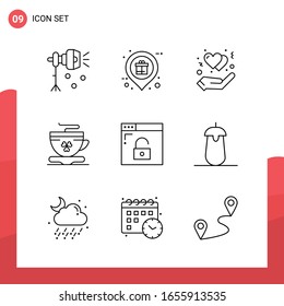 Paquete de 9 iconos de esquema universal para medios impresos en fondo blanco.