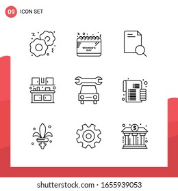 Paquete de 9 iconos de esquema universal para medios impresos en fondo blanco.