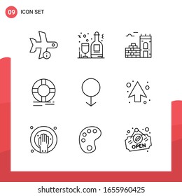 Pack of 9 Universal Outline Icons for Print Media on White Background.